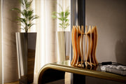 Handmade Lady Noir designer lamp featuring anodized aluminum, metallic gold finish, premium linen shade and warm LED illumination.