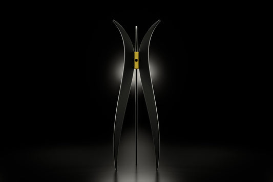 Premium Tulip designer coat hanger with artisanal Italian craftsmanship, textured black finish and luxurious gold accents.