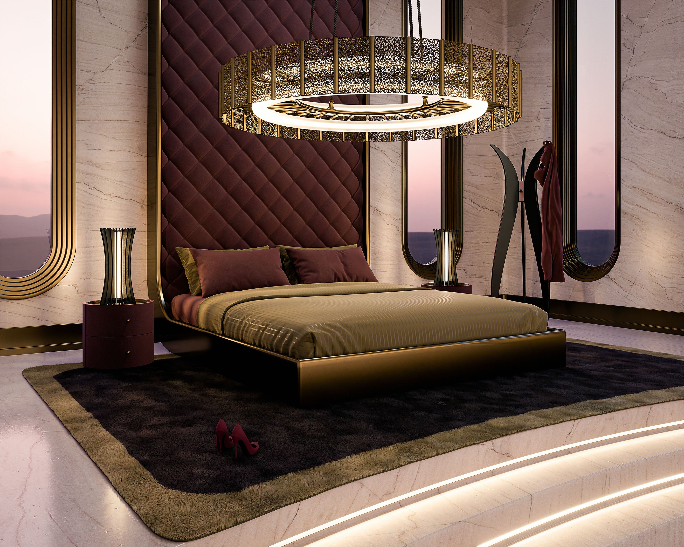 Lampade di design moderne vera forma e appendiabiti artigianale Made in Italy in una camera da letto moderna di lusso con parete imbottita bordeaux e pavimentio in marmo.