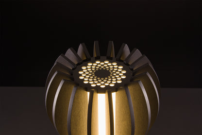 Luxury Medusa lamp in natural oak veneer, Italian handmade craftsmanship, soft warm LED, photographed in studio on black.