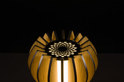 Handmade Casper lamp in natural oak veneer, Italian luxury design, soft warm LED glow, studio shot on black background.