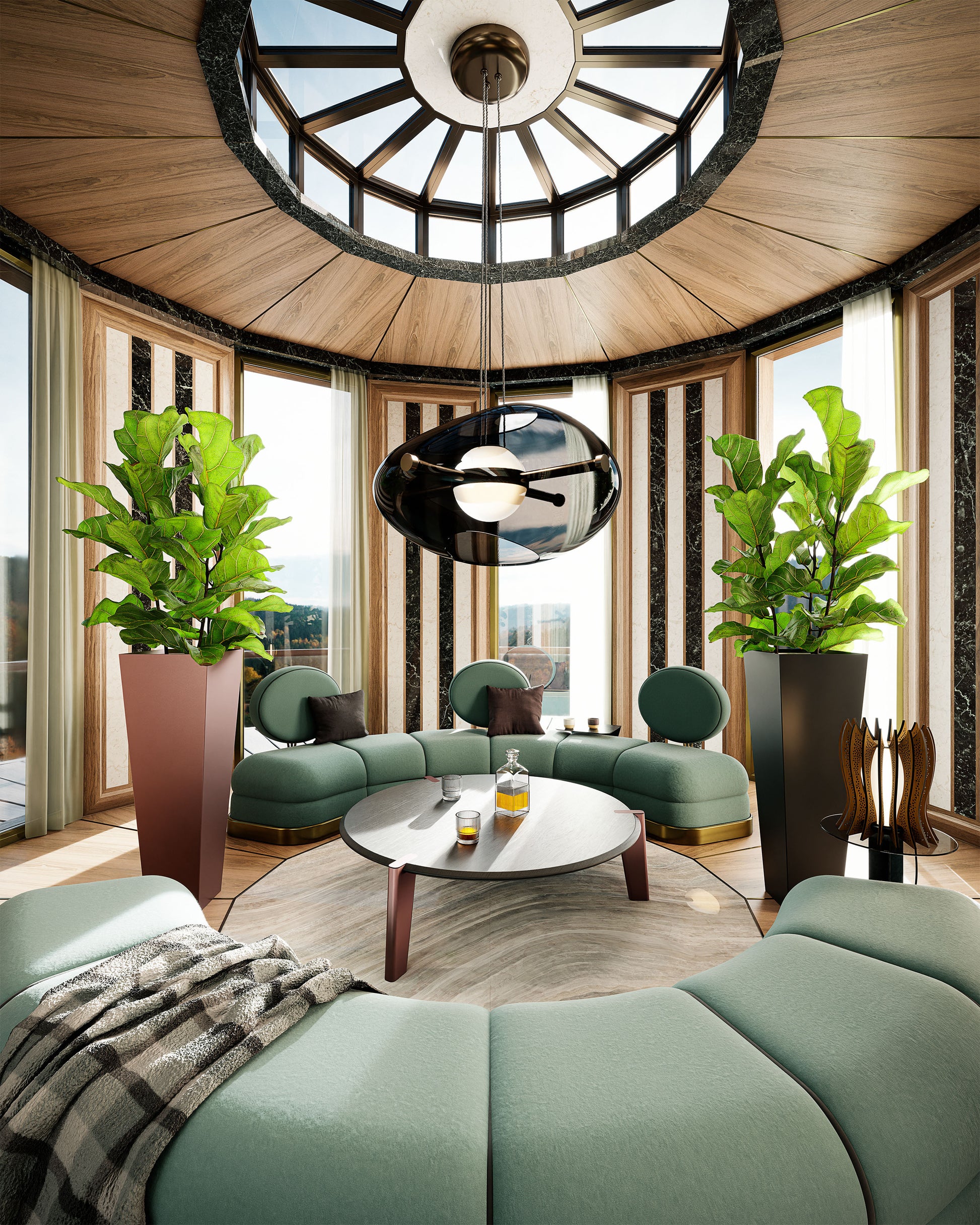 Coffee table Edones VERA FORMA in rovere scuro con vasi di design e lampada artigianale moderna a led in sala relax hotel di lusso in montagna 