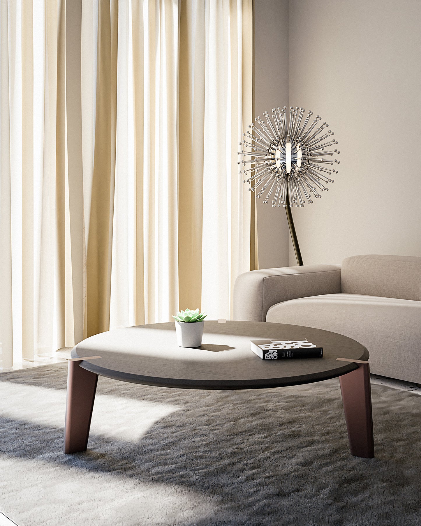 Coffee table Edones in dark oak plane and metallic bronze legs in contemporary minimal luxury living, design by Vera Forma.