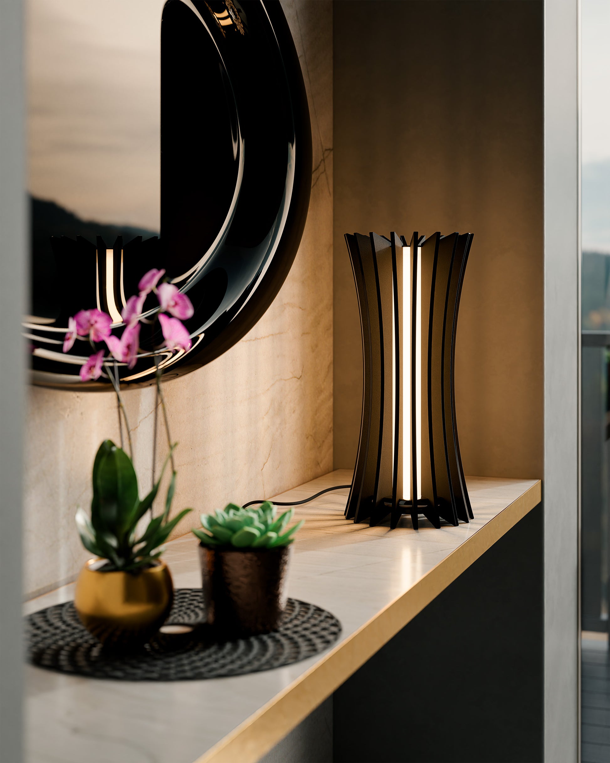 lampada da tavolo Vertigo VERA FORMA in noce nero oliato con dettagli nero lucido in living di montagna di design