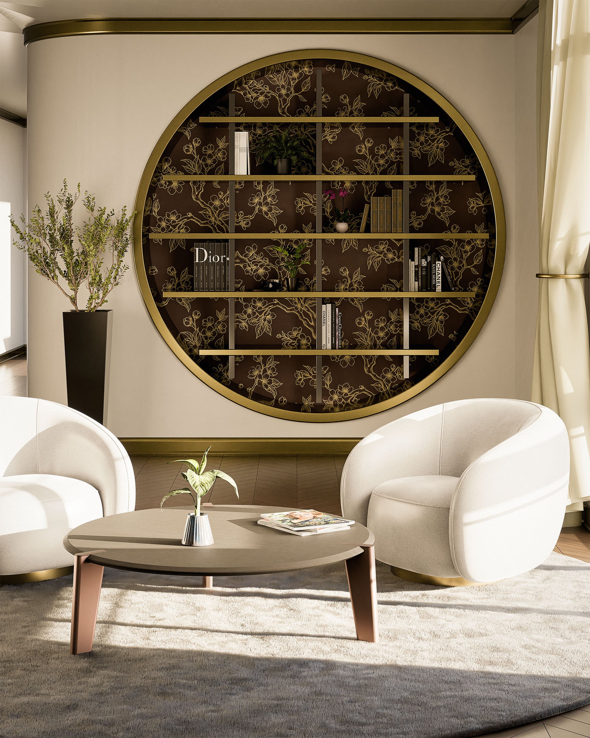 Coffee table Edones VERA FORMA in rovere scuro in living moderno di design  con libreria di lusso
