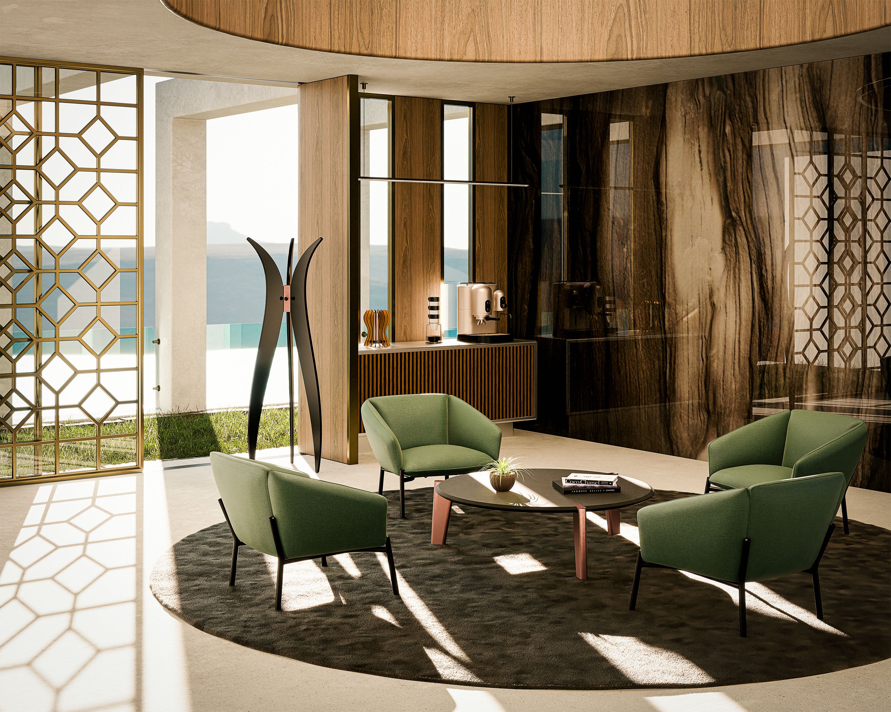 Coffee table moderno Edones vera forma in sala relax di ufficio di lusso vista mare con appendiabiti di design e lampada artigianale in rovere interamente Made in Italy.