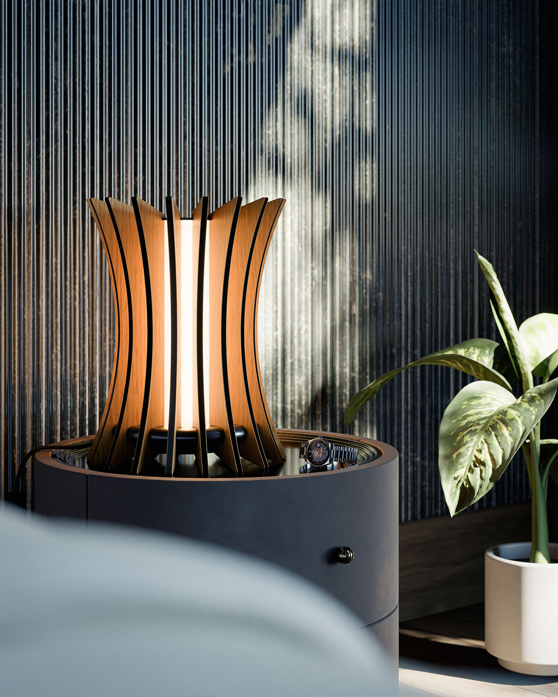 Gothica table lamp in natural oak veneer with sculptural slatted design, in a modern bedroom. Warm LED light highlights the wood grain.