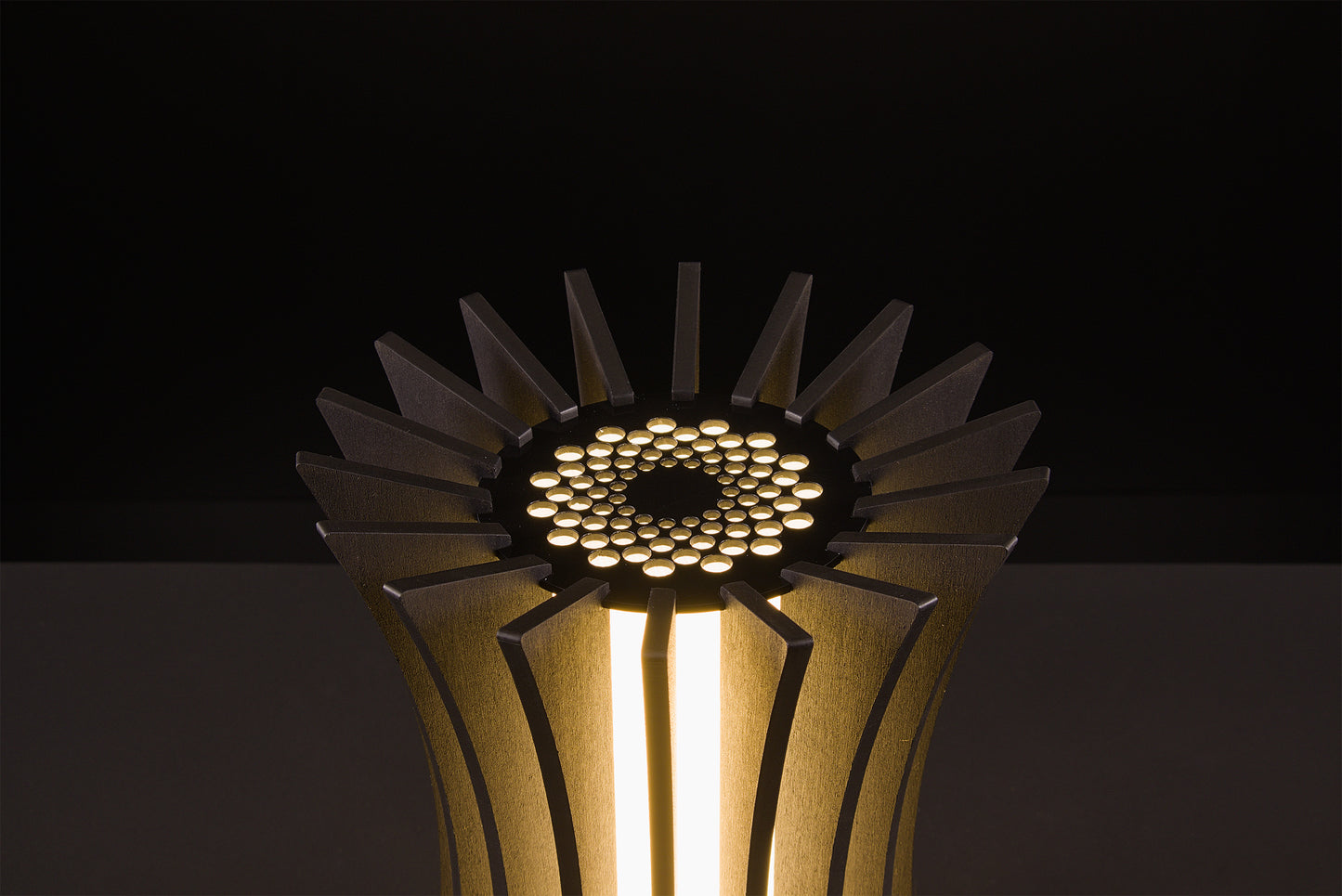 Luxury Gothica lamp in dark stained walnut, Italian handmade craftsmanship, soft warm LED, photographed in studio on black.