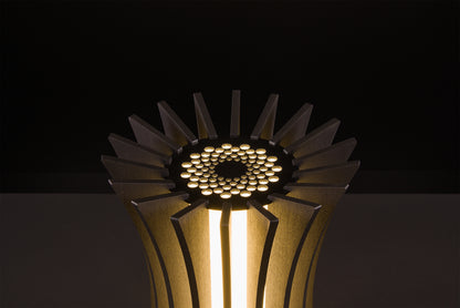 Luxury Gothica lamp in dark stained walnut, Italian handmade craftsmanship, soft warm LED, photographed in studio on black.