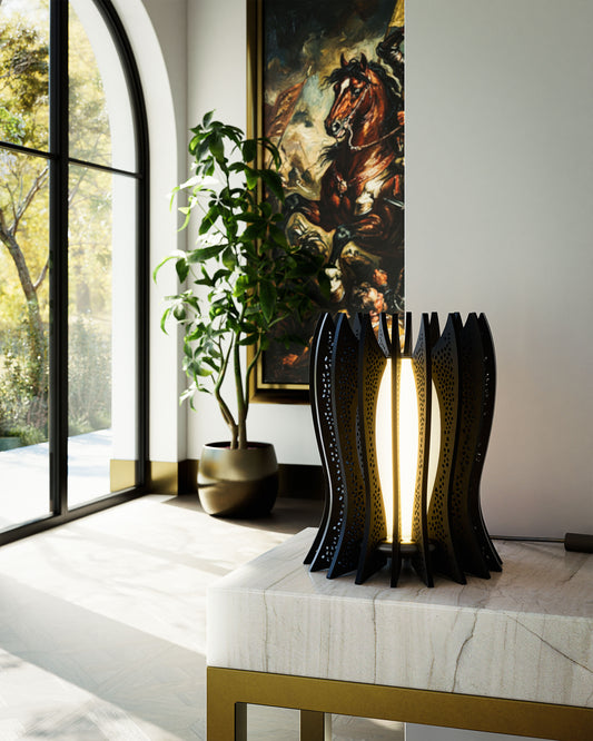 Lady Noir table lamp in black walnut veneered wood with sculptural slatted design, placed in a minimalist classic villa interior by Vera Forma.