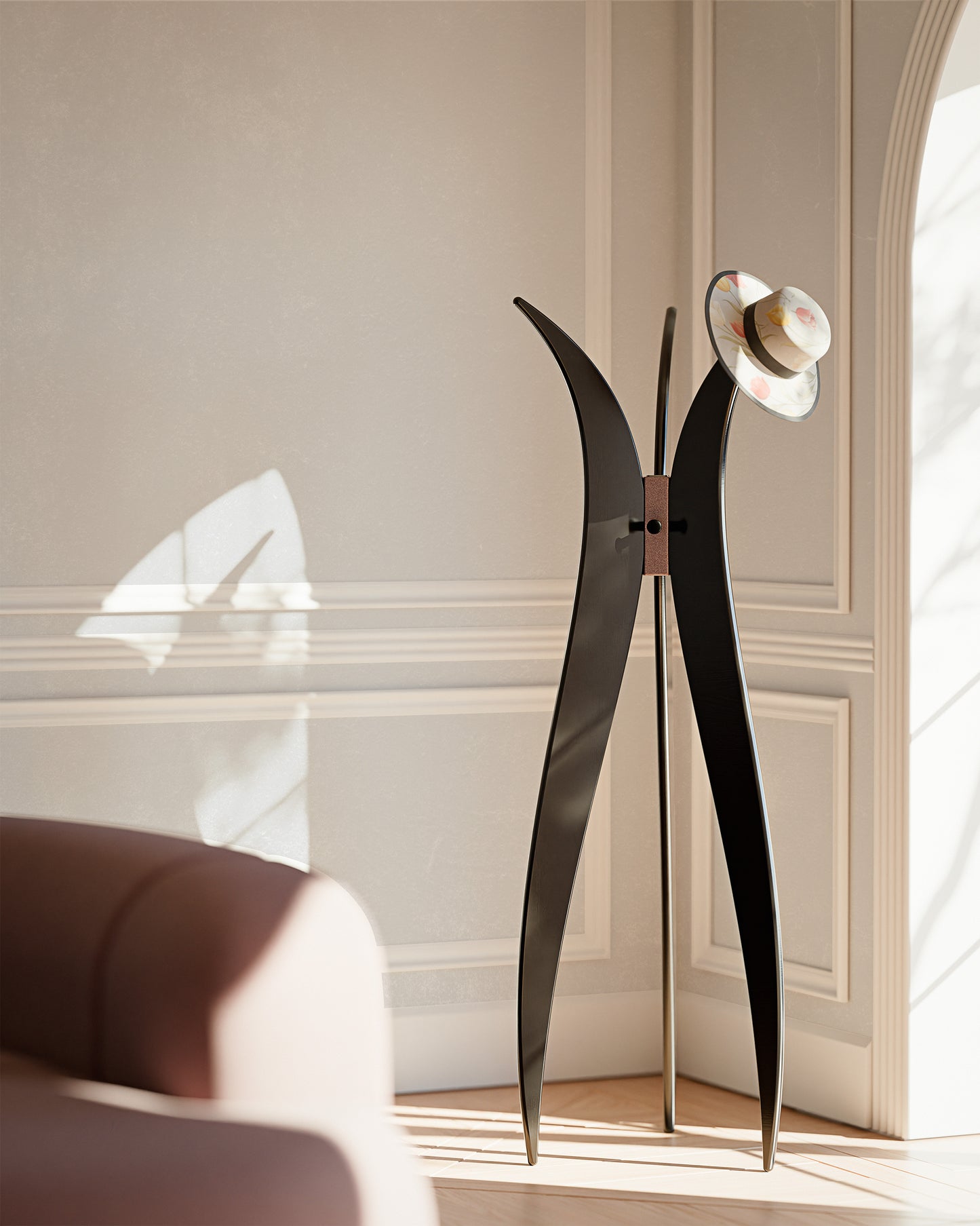 Luxury coat hanger in satin black and metallic embossed bronze finishes. Haussmannian-style design, in classic living interiors.