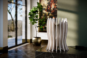 Luxury Lady Noir table lamp crafted in Italy with marble, elegant metallic gold details, linen lampshade and warm white LED light.