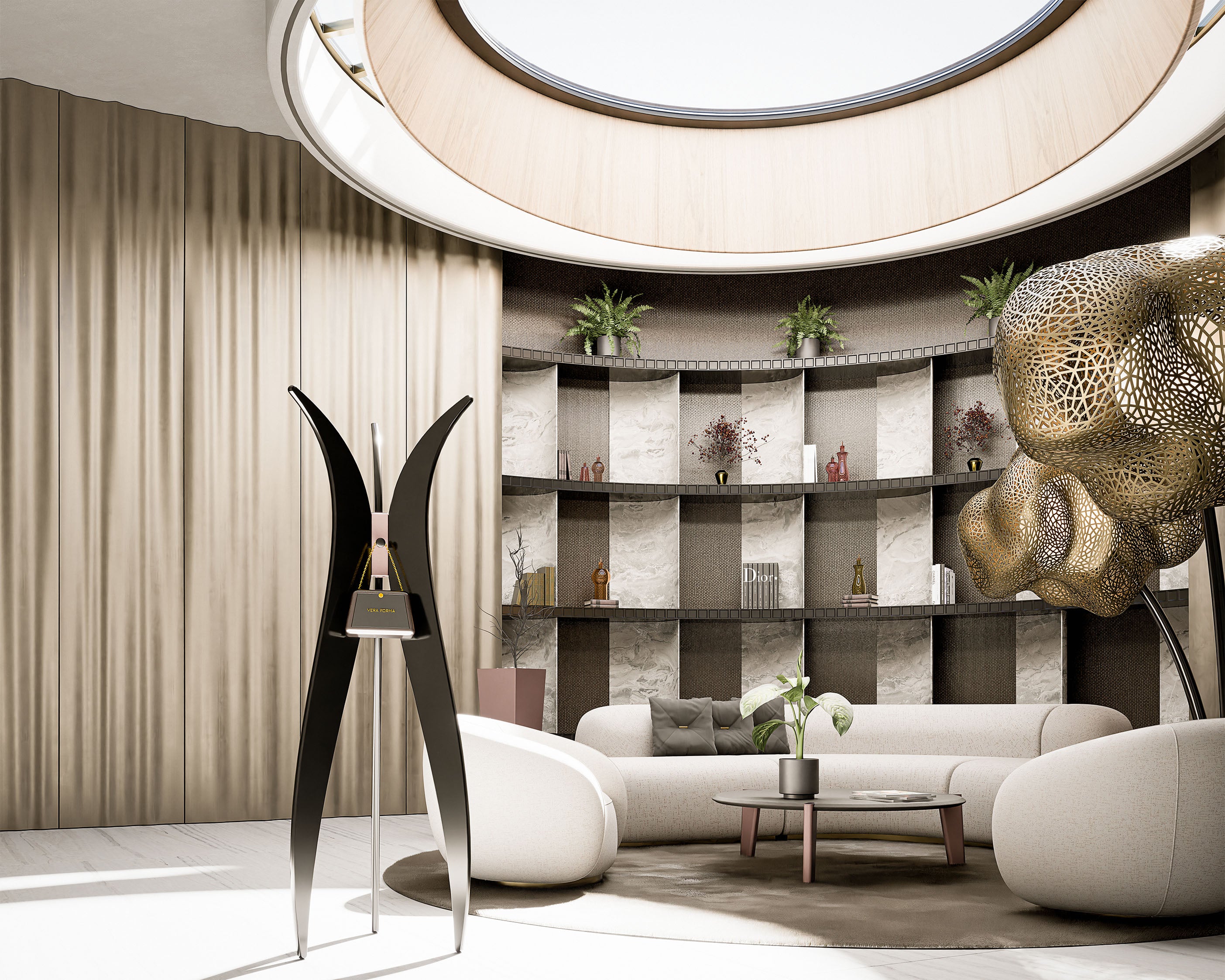 Appendiabiti di design di lusso moderno vera forma in luxury hotel lobby con coffee table nero in legno pregiato moderno e vaso laccato bronzo artigianale