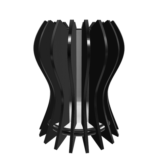 Modern designer lamp “Casper” featuring 18 slats of dark stained walnut-veneered arranged around a frosted plexiglass diffuser, housing  with a dimmable 800 lumen LED custom lamp. Completed with piano black high gloss plexiglass top. The slats feature a clean, linear design. The base is a hand-painted fiberboard disc. The outer slats are hand-finished with mineral oil for a refined touch.