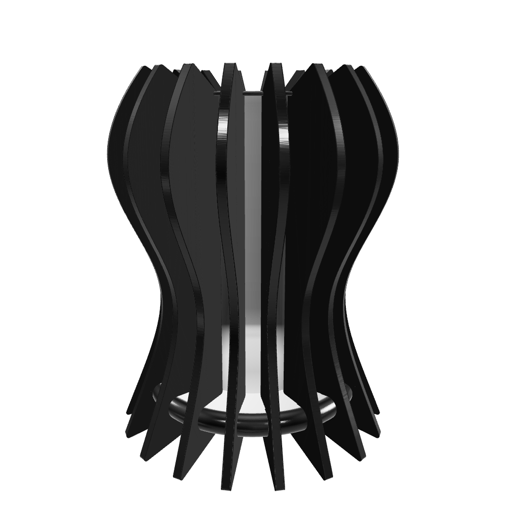Modern designer lamp “Casper” featuring 18 slats of dark stained walnut-veneered arranged around a frosted plexiglass diffuser, housing  with a dimmable 800 lumen LED custom lamp. Completed with piano black high gloss plexiglass top. The slats feature a clean, linear design. The base is a hand-painted fiberboard disc. The outer slats are hand-finished with mineral oil for a refined touch.