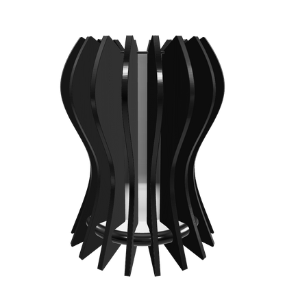 Modern designer lamp “Casper” featuring 18 slats of dark stained walnut-veneered arranged around a frosted plexiglass diffuser, housing  with a dimmable 800 lumen LED custom lamp. Completed with piano black high gloss plexiglass top. The slats feature a clean, linear design. The base is a hand-painted fiberboard disc. The outer slats are hand-finished with mineral oil for a refined touch.