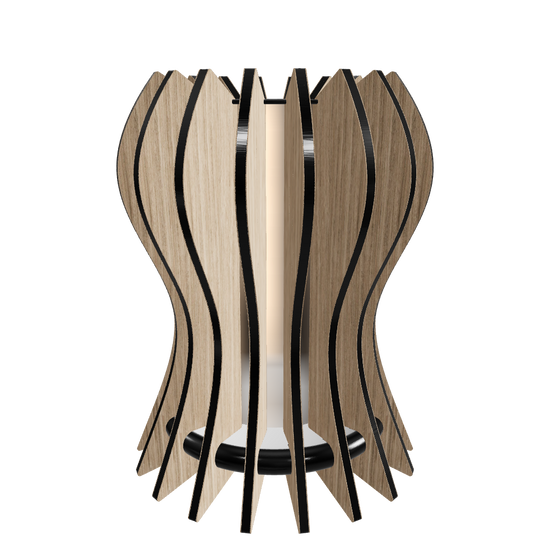 Modern designer lamp “Casper” featuring 18 slats of oak-veneered arranged around a frosted plexiglass diffuser, housing  with a dimmable 800 lumen LED custom lamp. Completed with piano black high gloss plexiglass top. The slats feature a clean, linear design. The base is a hand-painted fiberboard disc. The outer slats are hand-finished with mineral oil for a refined touch.