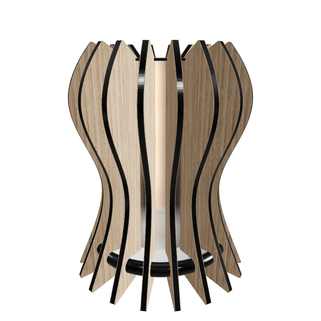 Modern designer lamp “Casper” featuring 18 slats of oak-veneered arranged around a frosted plexiglass diffuser, housing  with a dimmable 800 lumen LED custom lamp. Completed with piano black high gloss plexiglass top. The slats feature a clean, linear design. The base is a hand-painted fiberboard disc. The outer slats are hand-finished with mineral oil for a refined touch.