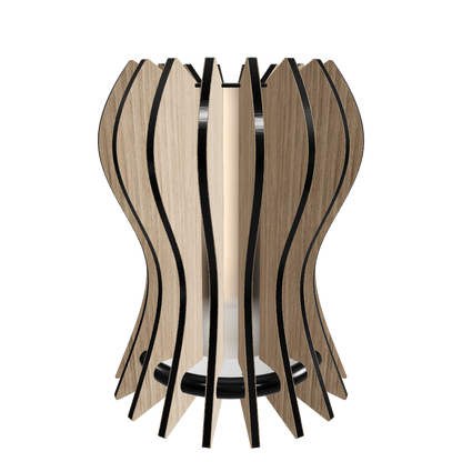 Modern designer lamp “Casper” featuring 18 slats of oak-veneered arranged around a frosted plexiglass diffuser, housing  with a dimmable 800 lumen LED custom lamp. Completed with piano black high gloss plexiglass top. The slats feature a clean, linear design. The base is a hand-painted fiberboard disc. The outer slats are hand-finished with mineral oil for a refined touch.