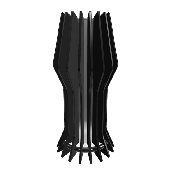 Futuristic designer lamp “Futura” crafted with 18 geometric dark stained walnut-veneered slats surrounding a frosted plexiglass diffuser  with a dimmable 1600 lumen LED custom lamp. Completed with piano black high gloss plexiglass top, and hand-painted fiberboard base. Slats are hand-finished with mineral oil for a sleek, modern finish.