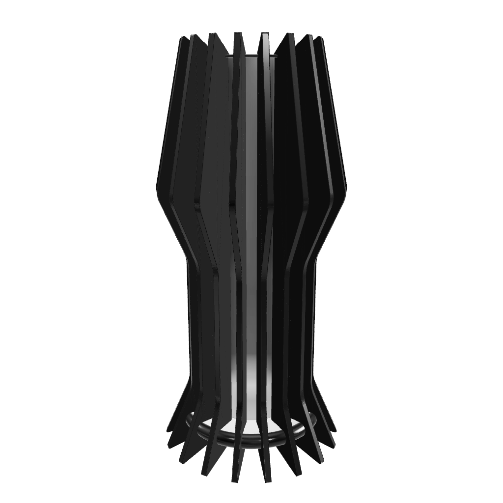 Futuristic designer lamp “Futura” crafted with 18 geometric dark stained walnut-veneered slats surrounding a frosted plexiglass diffuser  with a dimmable 1600 lumen LED custom lamp. Completed with piano black high gloss plexiglass top, and hand-painted fiberboard base. Slats are hand-finished with mineral oil for a sleek, modern finish.