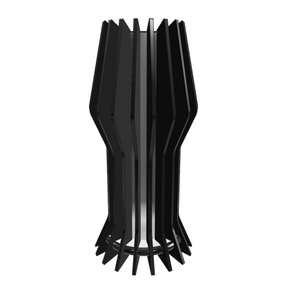 Futuristic designer lamp “Futura” crafted with 18 geometric dark stained walnut-veneered slats surrounding a frosted plexiglass diffuser  with a dimmable 1600 lumen LED custom lamp. Completed with piano black high gloss plexiglass top, and hand-painted fiberboard base. Slats are hand-finished with mineral oil for a sleek, modern finish.