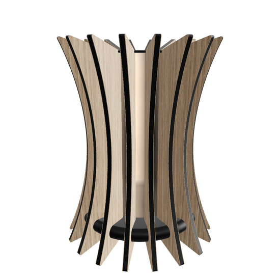 Designer table lamp “Gothica” featuring sharp, angular oak-veneered slats arranged around a frosted plexiglass diffuser with a dimmable 1000 lumen LED custom lamp. Completed with piano black high gloss plexiglass top. The base is hand-painted fiberboard. Outer slats are hand-finished with mineral oil for a dramatic, architectural look.