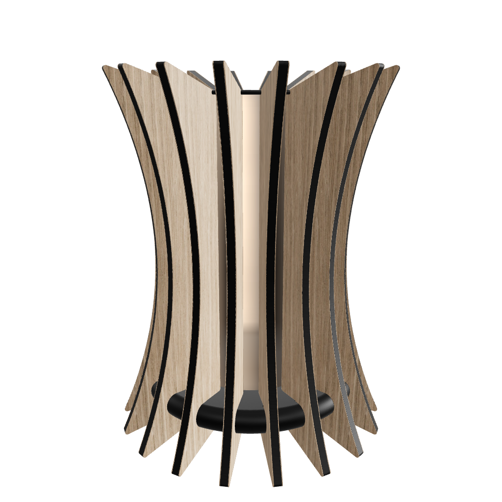 Designer table lamp “Gothica” featuring sharp, angular oak-veneered slats arranged around a frosted plexiglass diffuser with a dimmable 1000 lumen LED custom lamp. Completed with piano black high gloss plexiglass top. The base is hand-painted fiberboard. Outer slats are hand-finished with mineral oil for a dramatic, architectural look.
