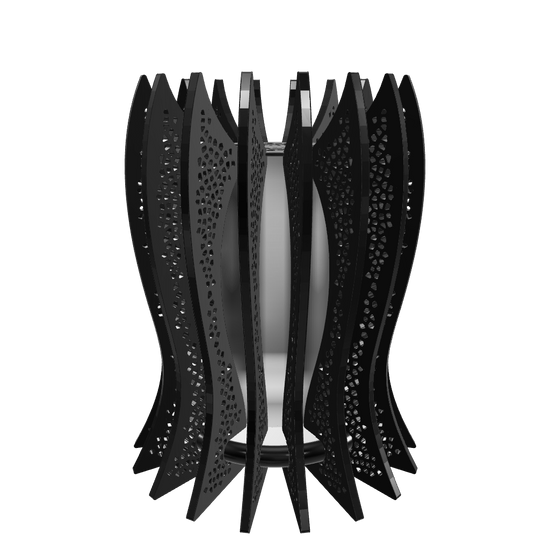 Sophisticated black-themed lamp “LadyNoir” featuring 18 dark stained walnut wood slats around a frosted plexiglass diffuser, with a dimmable 1000 lumen LED custom lamp. Completed with piano black high gloss plexiglass top, hand-painted base, and mineral oil finished slats for a mysterious, elegant allure.