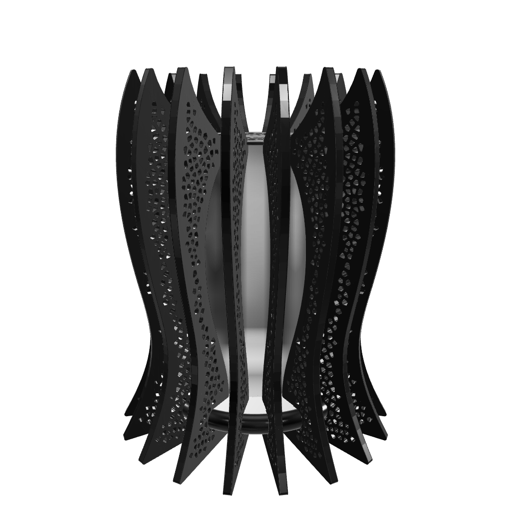 Sophisticated black-themed lamp “LadyNoir” featuring 18 dark stained walnut wood slats around a frosted plexiglass diffuser, with a dimmable 1000 lumen LED custom lamp. Completed with piano black high gloss plexiglass top, hand-painted base, and mineral oil finished slats for a mysterious, elegant allure.