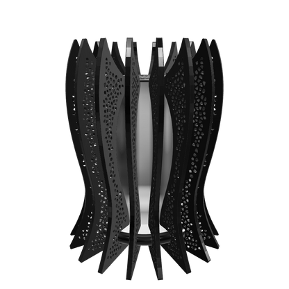 Sophisticated black-themed lamp “LadyNoir” featuring 18 dark stained walnut wood slats around a frosted plexiglass diffuser, with a dimmable 1000 lumen LED custom lamp. Completed with piano black high gloss plexiglass top, hand-painted base, and mineral oil finished slats for a mysterious, elegant allure.
