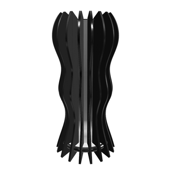 Modern designer lamp “Medusa” with 18 dark stained walnut-veneered slats shaped in a flowing, organic form around a frosted plexiglass diffuser.  with a dimmable 1600 lumen LED custom lamp. Completed with piano black high gloss plexiglass top,and a hand-painted fiberboard base. Hand-finished slats with mineral oil enhance its fluid aesthetic.