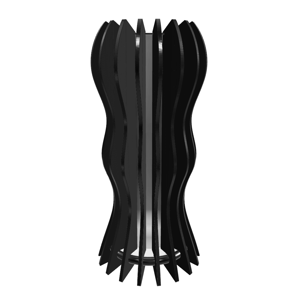 Modern designer lamp “Medusa” with 18 dark stained walnut-veneered slats shaped in a flowing, organic form around a frosted plexiglass diffuser.  with a dimmable 1600 lumen LED custom lamp. Completed with piano black high gloss plexiglass top,and a hand-painted fiberboard base. Hand-finished slats with mineral oil enhance its fluid aesthetic.