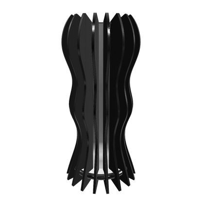 Modern designer lamp “Medusa” with 18 dark stained walnut-veneered slats shaped in a flowing, organic form around a frosted plexiglass diffuser.  with a dimmable 1600 lumen LED custom lamp. Completed with piano black high gloss plexiglass top,and a hand-painted fiberboard base. Hand-finished slats with mineral oil enhance its fluid aesthetic.