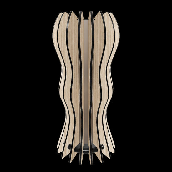 Modern designer lamp “Medusa” with 18 oak-veneered slats shaped in a flowing, organic form around a frosted plexiglass diffuser.  with a dimmable 1600 lumen LED custom lamp. Completed with piano black high gloss plexiglass top,and a hand-painted fiberboard base. Hand-finished slats with mineral oil enhance its fluid aesthetic.