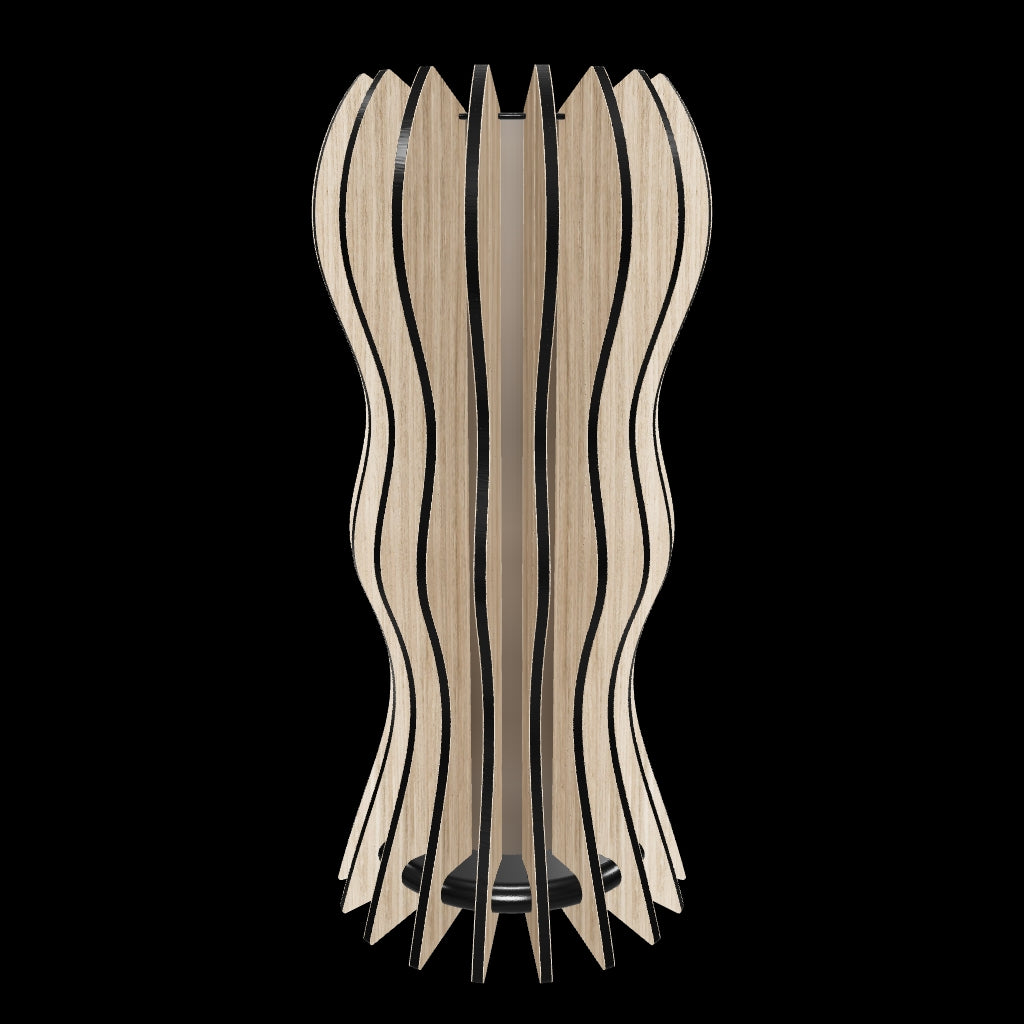 Modern designer lamp “Medusa” with 18 oak-veneered slats shaped in a flowing, organic form around a frosted plexiglass diffuser.  with a dimmable 1600 lumen LED custom lamp. Completed with piano black high gloss plexiglass top,and a hand-painted fiberboard base. Hand-finished slats with mineral oil enhance its fluid aesthetic.