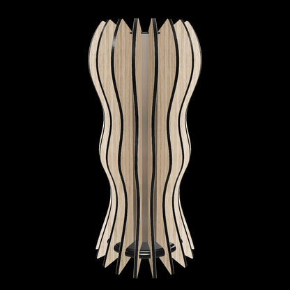 Modern designer lamp “Medusa” with 18 oak-veneered slats shaped in a flowing, organic form around a frosted plexiglass diffuser.  with a dimmable 1600 lumen LED custom lamp. Completed with piano black high gloss plexiglass top,and a hand-painted fiberboard base. Hand-finished slats with mineral oil enhance its fluid aesthetic.