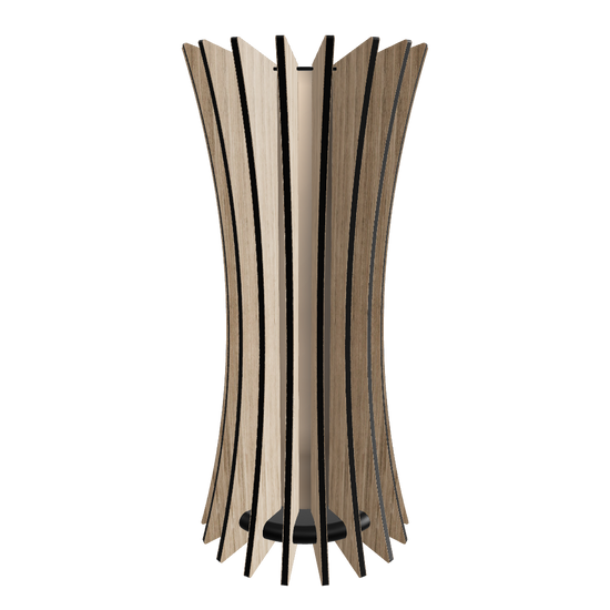 Contemporary lamp model “Vertigo” designed with 18 twisted oak-veneered slats encircling a frosted plexiglass diffuser with a dimmable 1000 lumen LED custom lamp. Completed with piano black high gloss plexiglass top and hand-painted base complete this dynamic and sculptural design. Slats are hand-finished with mineral oil.