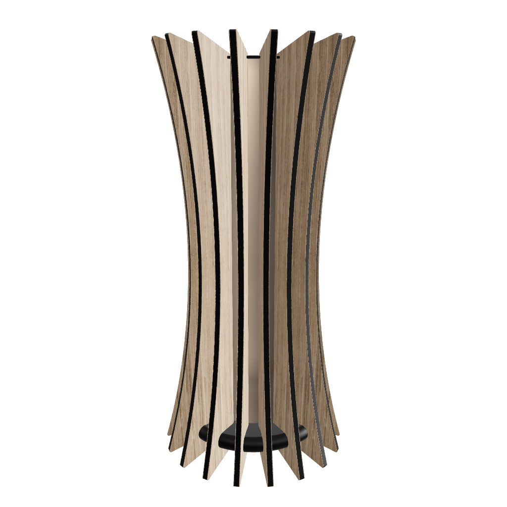 Contemporary lamp model “Vertigo” designed with 18 twisted oak-veneered slats encircling a frosted plexiglass diffuser with a dimmable 1000 lumen LED custom lamp. Completed with piano black high gloss plexiglass top and hand-painted base complete this dynamic and sculptural design. Slats are hand-finished with mineral oil.