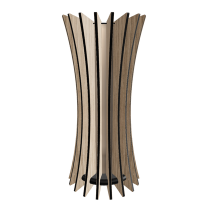 Contemporary lamp model “Vertigo” designed with 18 twisted oak-veneered slats encircling a frosted plexiglass diffuser with a dimmable 1000 lumen LED custom lamp. Completed with piano black high gloss plexiglass top and hand-painted base complete this dynamic and sculptural design. Slats are hand-finished with mineral oil.