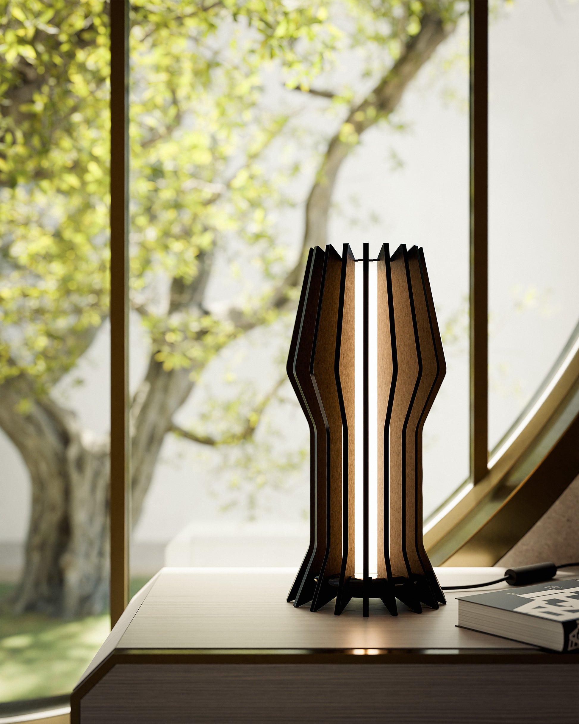 Lampada da tavolo Futura VERA FORMA in finitura noce nero fumo  in camera hotel moderno, design by Vera Forma
