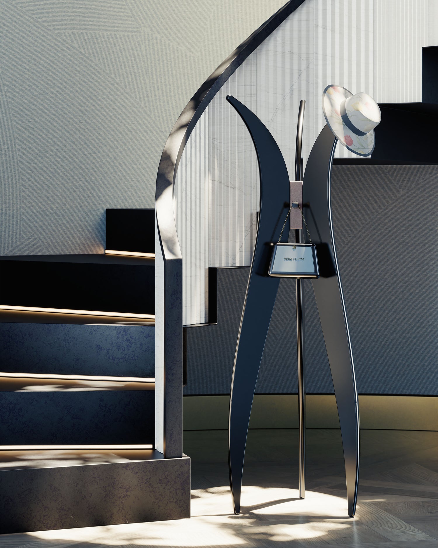 Appendiabiti Tulip VERA FORMA in nero satinato con dettagli bronzo in living moderno di lusso con scalinata in marmo e ferro