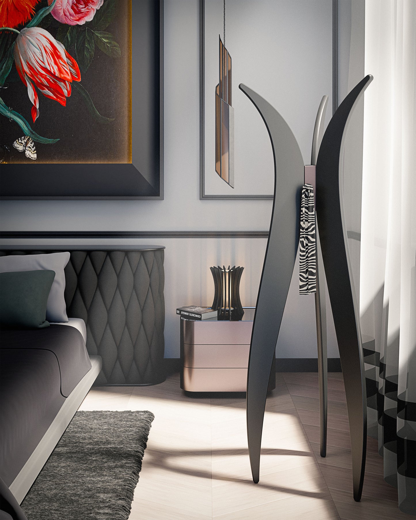 Appendiabiti di design VERA FORMA in in stile moderno in nero satinato e dettagli in bronzo in zona notte di lusso con parquet
