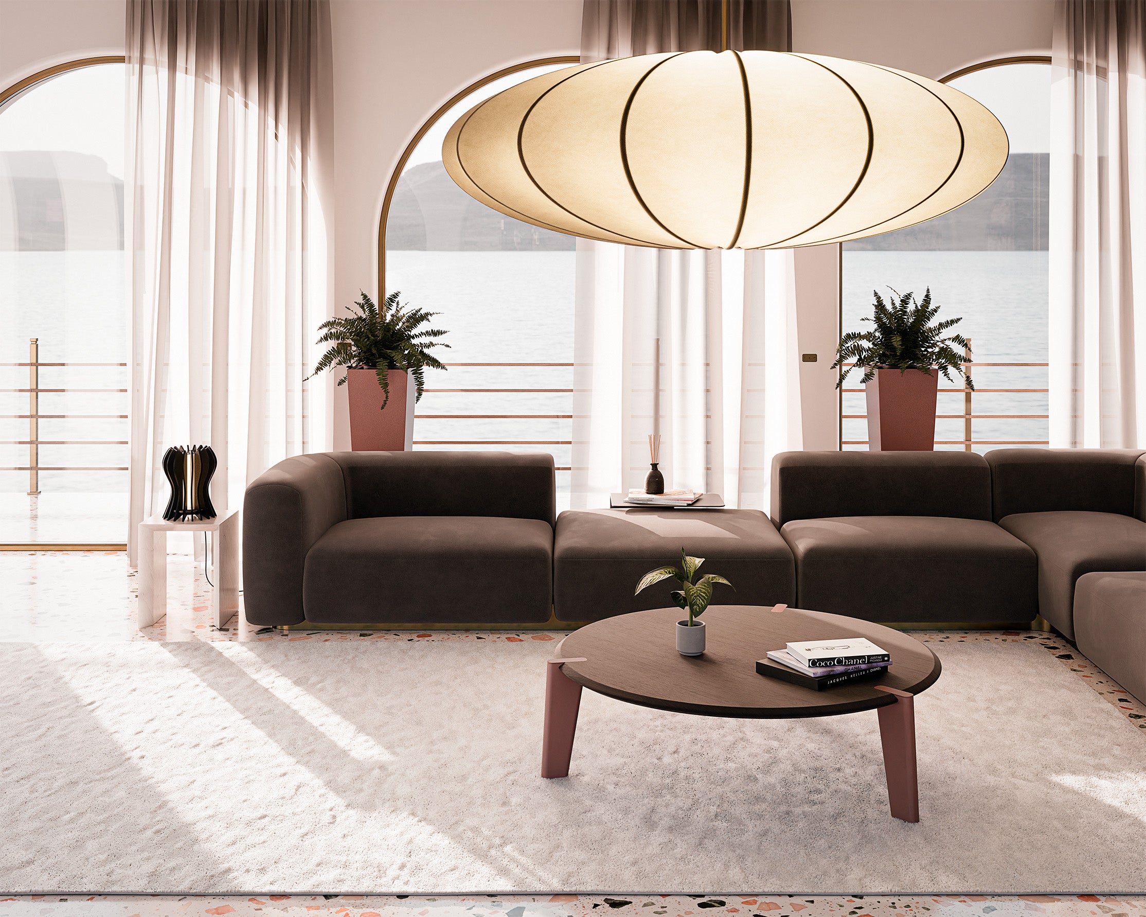 Coffee table modeno vera forma in rovere scuro in living moderno vista lago con porta vasi Osiride in bronzo goffrato e lampada artigianale in legno nero