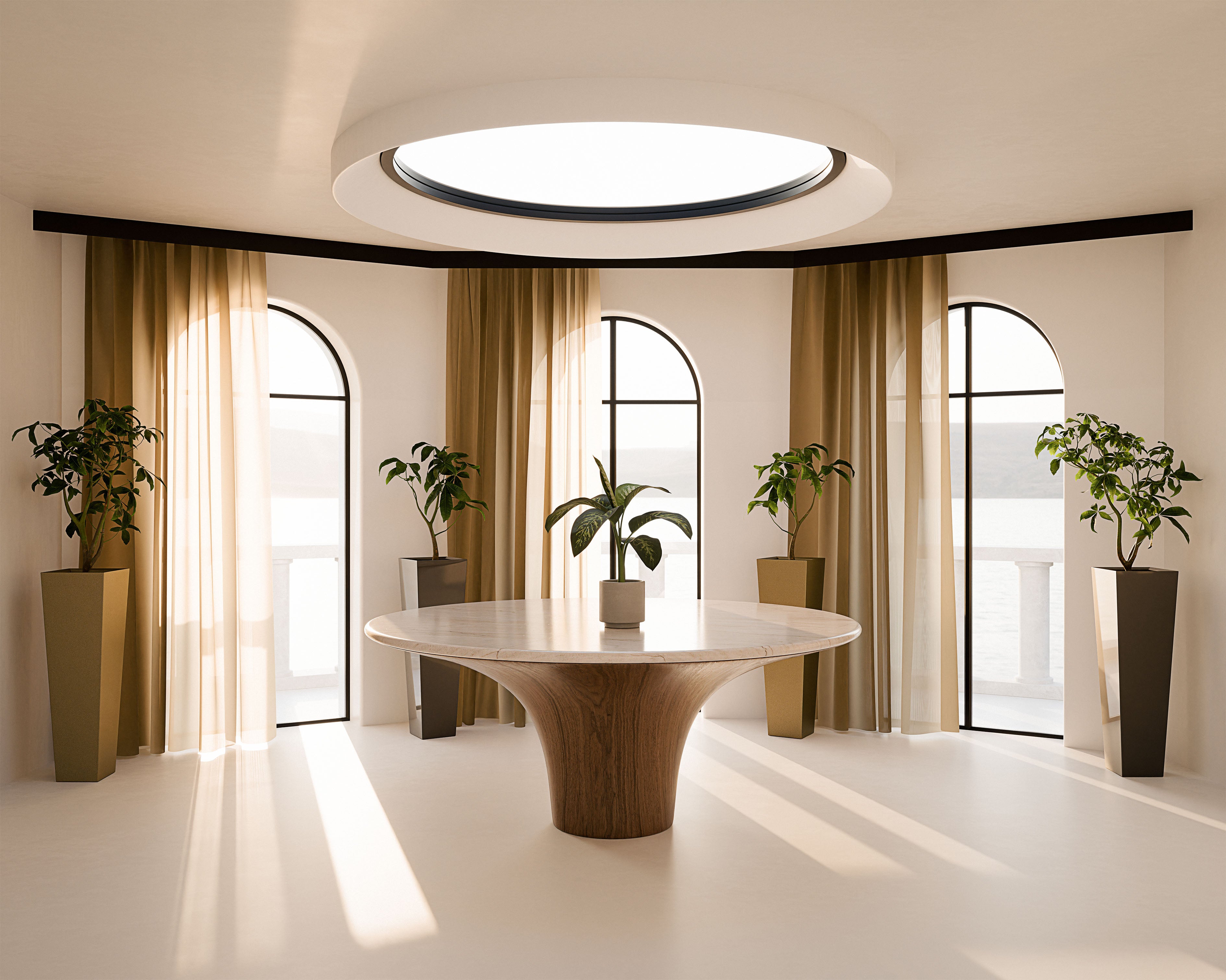 sculptural indoor plant stand Osirire in metallic brass ang high gloss black finish in moder front lake living, design by Vera Forma