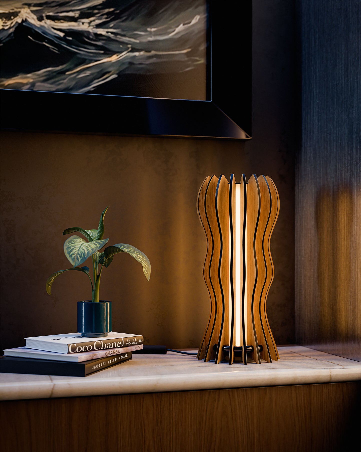 Medusa luxury table lamp inspired by the fluid beauty of sea jellyfish, showcased in an elegant modern living space, crafted in Italy and designed by Vera Forma, enhanced by refined natural veneered oak.